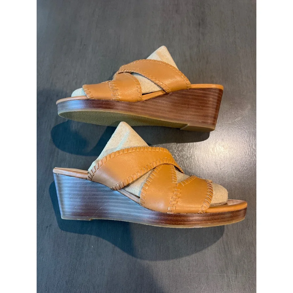 Jack Rogers Womens Tan Leather Whipstitch Wedge Sandals‎ Slides Size 9M Boho
